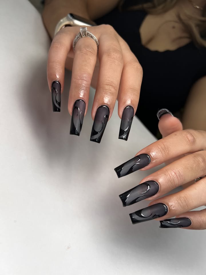 Long coffin nails in black smoke over sheer grey